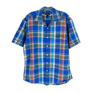Club Room Shirt Mens Size Medium Blue Madras Plaid Cotton Camp Shirt